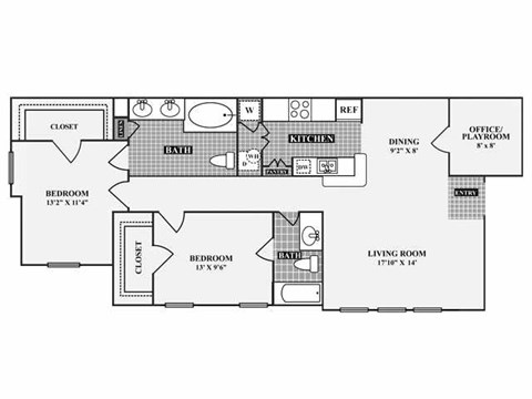 A floor plan of a house with a living room, dining room, kitchen, two bedrooms, a bathroom, and a closet.